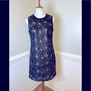 Adrianna Papell Black Open Lace Beaded Neck Evening Dress 8 FREE SHIP